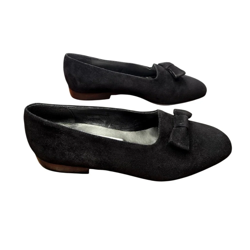 Vtg Jones New York Black Suede Bow Ballet Flats 6 Made In Italy Coquette 90s Y2K